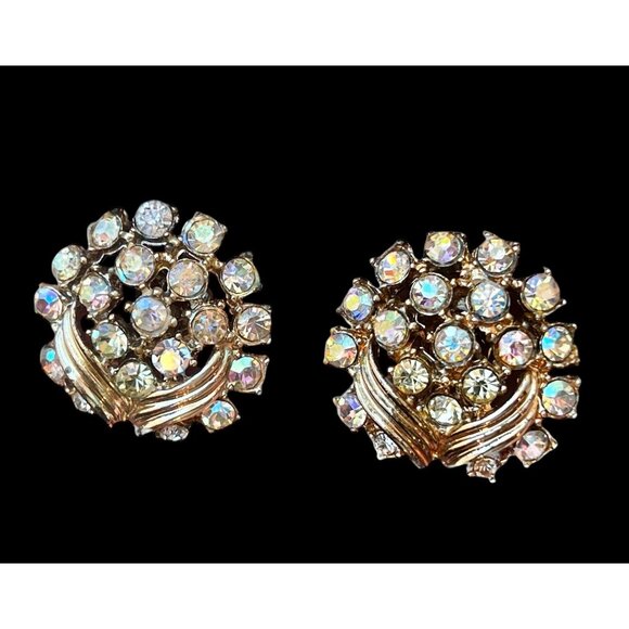 Aurora Borealis Rhinestone Gold-Tone Clip-On Vintage Earrings - Picture 1 of 7